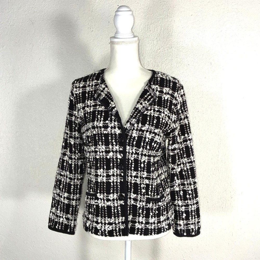 JM Collection Petite Cardigan Sweater Black White Plaid Knit Jacket - Est size M